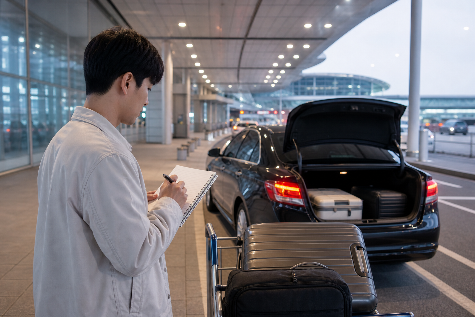 인천공항 1터미널 출국 전 차량 인계 체크리스트를 메모하는 모습