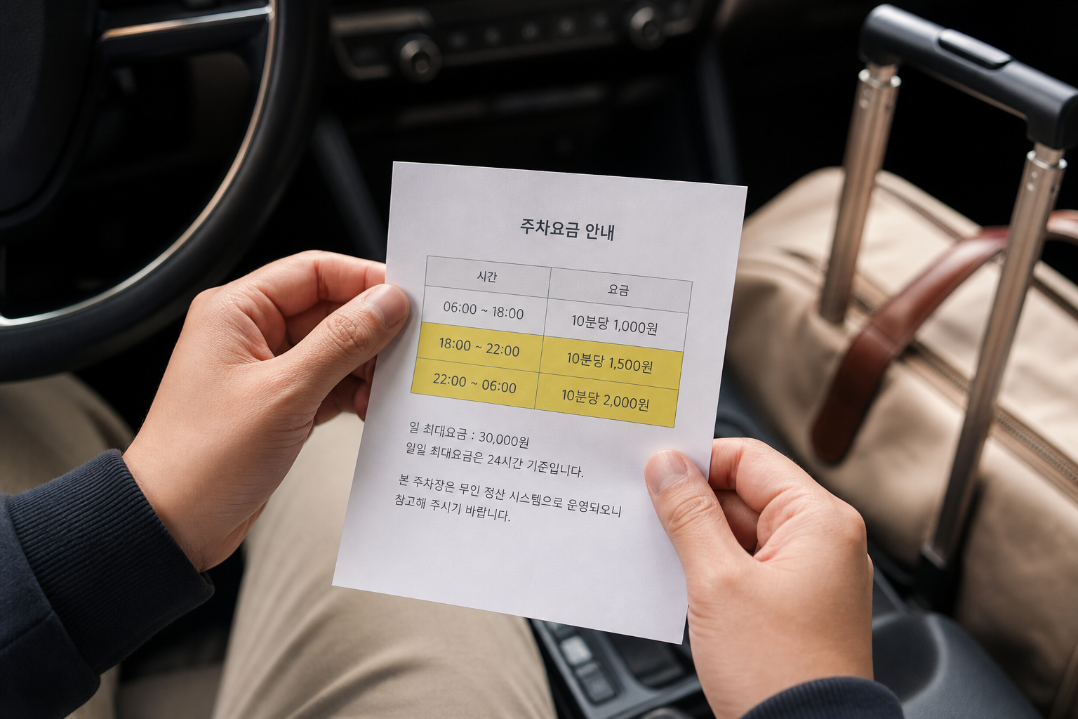 야간 입출고 시간과 추가요금 메모를 확인하는 손
