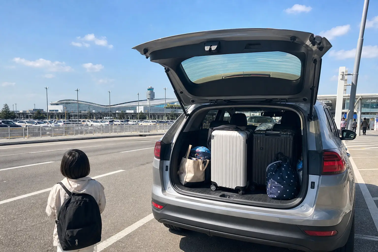 가족여행 출국 전 캐리어를 내리는 인천공항 이동 준비 장면